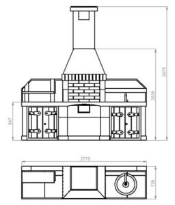 Grill ogrodowy jest otynkowany i pomalowany. Zawiera dekoracyjne elementy drewniane.